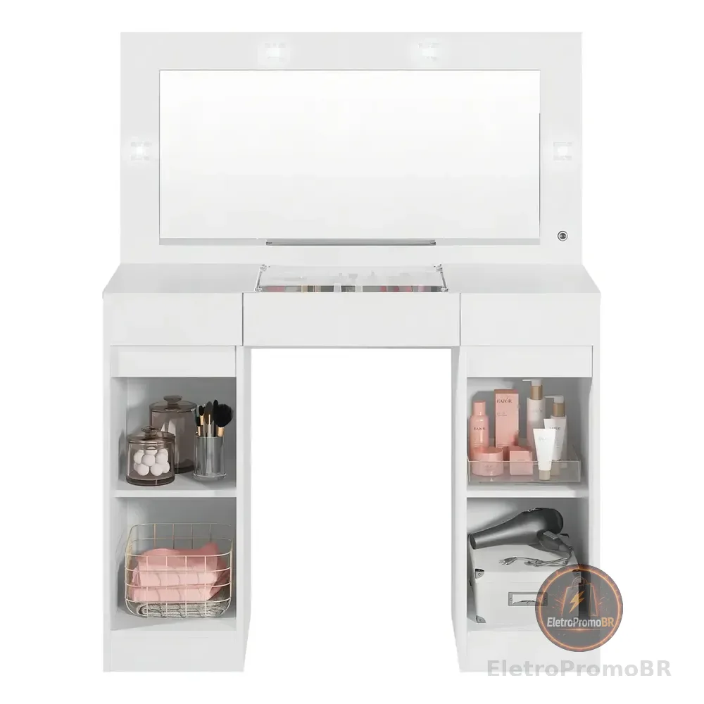 Penteadeira Camarim Com Espelho E Led 3 Gavetas Studio Beaut Branco