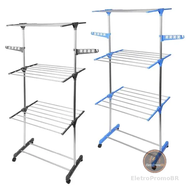 Varal De Roupa Aço Inox Dobrável Vertical Azul, Preto