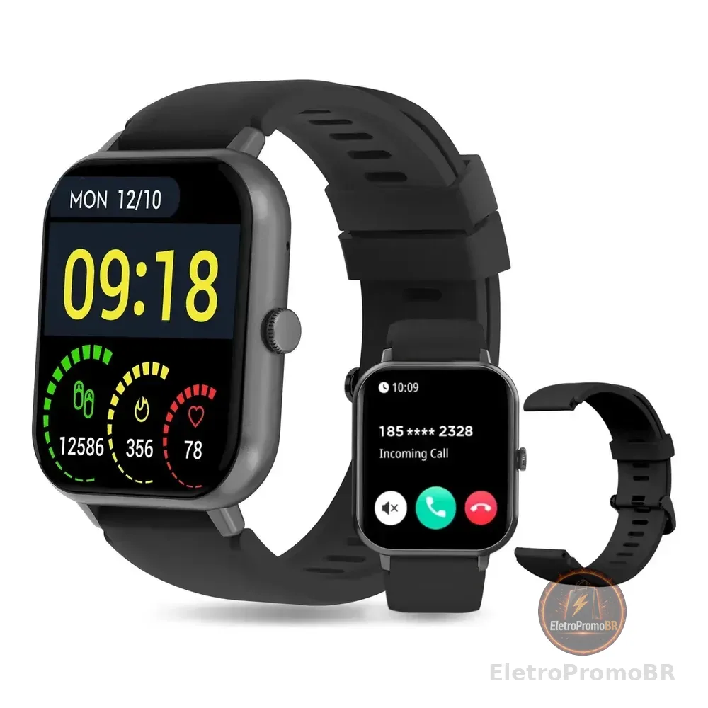 Smartwatch Peje Zw01 Tela 1.83  Tft Ip68 À Prova D'água 2 Pulseiras Bluetooth Chamadas 120+ Modos Esportivos Masculino E Feminino Para Android Ios Preto Silicone