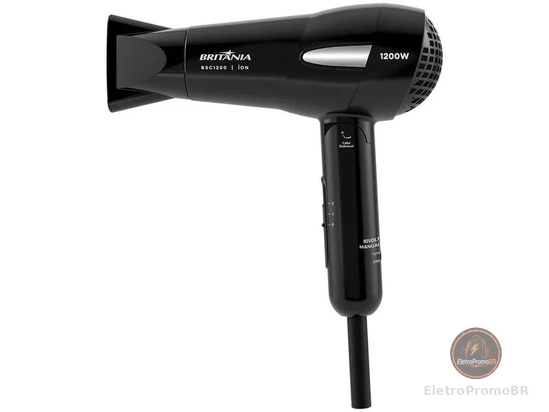 Secador de Cabelo Britânia Íons Tourmaline Preto 1200W 2 Velocidades BSC1200