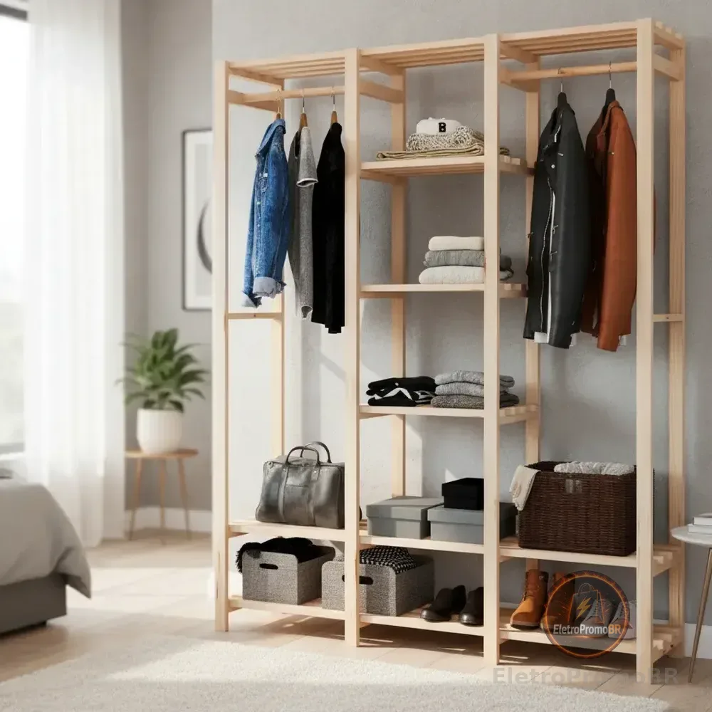 Closet Aberto Guarda Roupas Arara Cabideiro Com Prateleiras Natural
