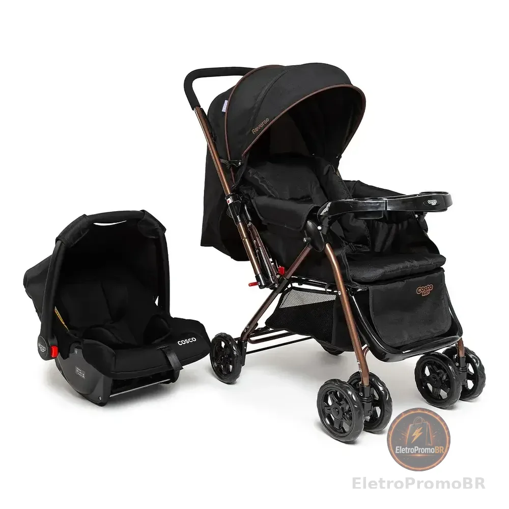 Conjunto Travel System Reverse Duo Preto Bronze, Carrinho De Bebê + Bebe Conforto Cosco Kids