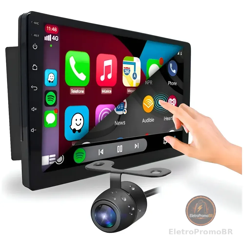 Multimidia 9p 4g+64g Quad-core Carplay Android Auto + Camera Preto