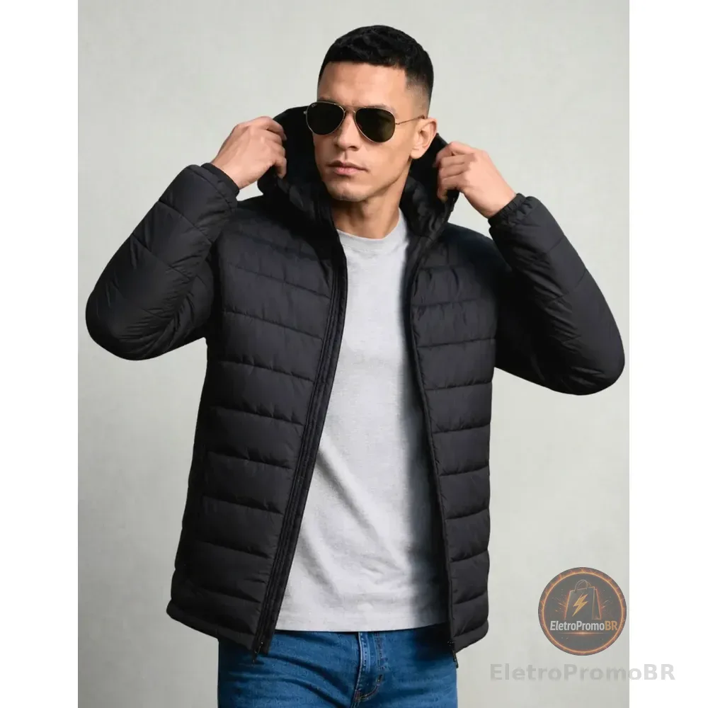 Jaqueta Puffer Bobojaco Térmico Corta Vento Impermeável Frio Preto M Lisa
