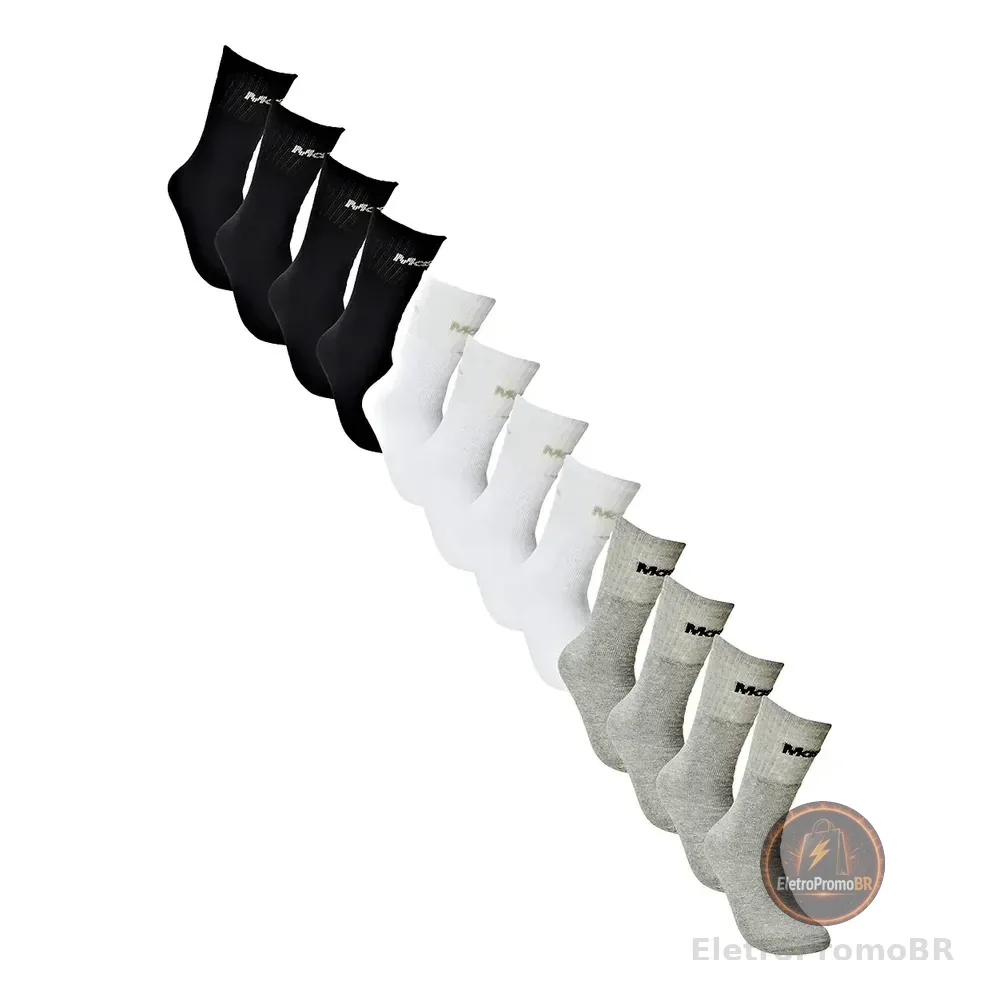 Kit 12 Meias Mash Esportiva Cano Médio Algodão Preto / Branco / Cinza Liso 39-44
