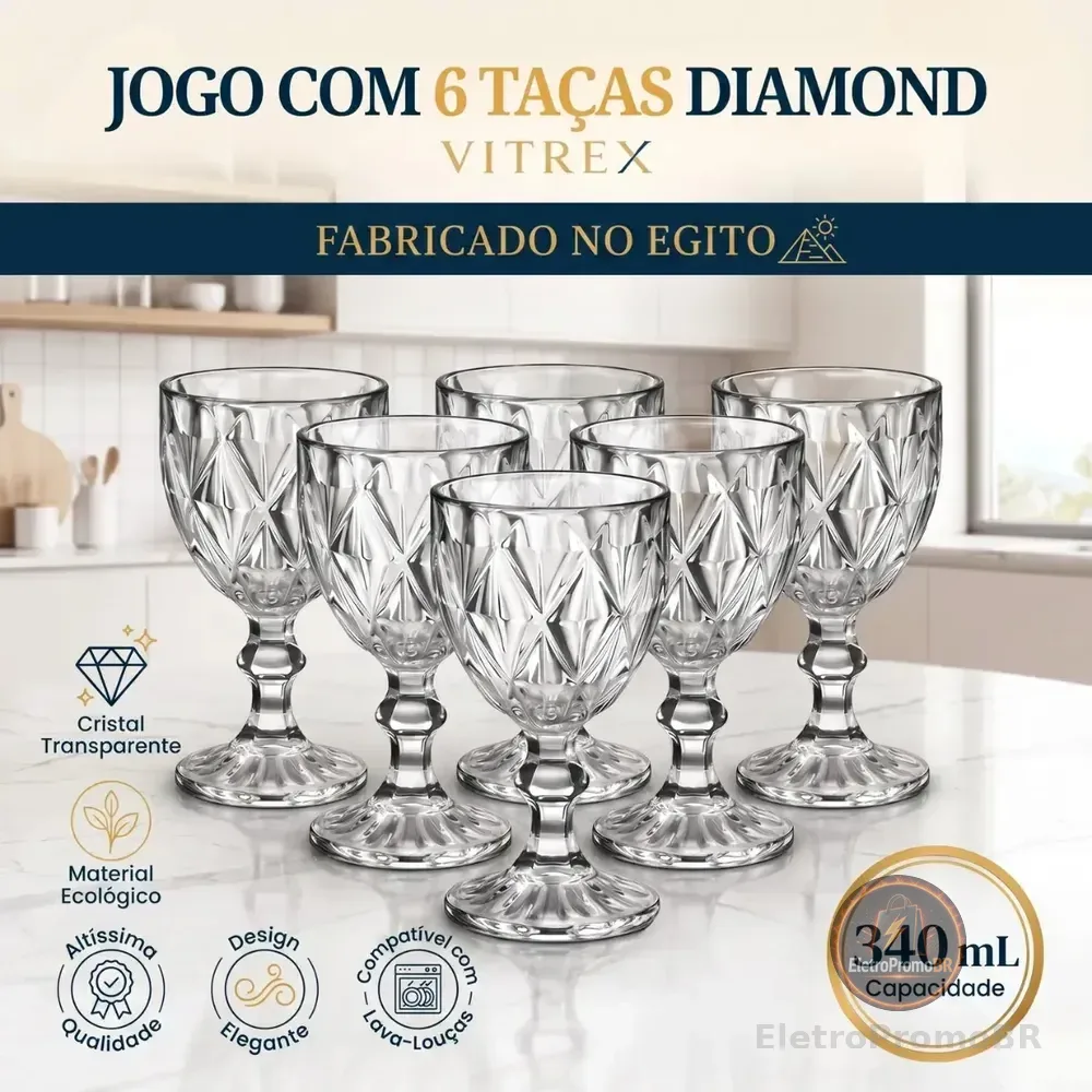 Jogo 6 Taças De Cristal 340ml Diamond Transparente Lapidado Vitrex