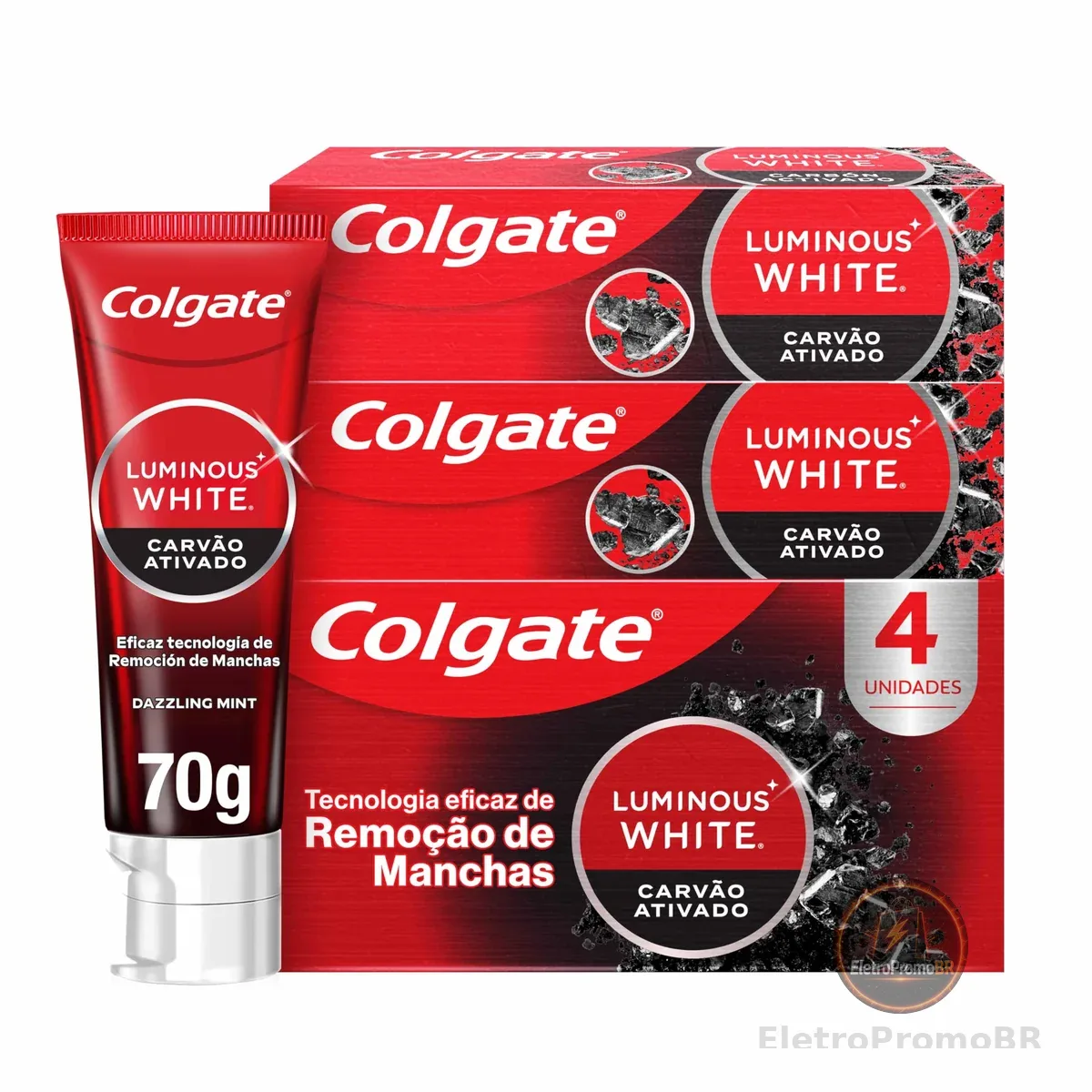 Colgate Creme Dental Clareador Luminous White Carvão Ativado 70g 4 unidades