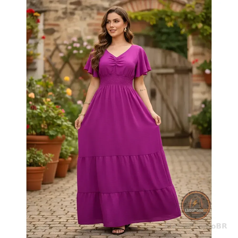 Vestido Longo Feminino De Manguinhas Multiuso De Luxo Fúcsia Único 38/40/42/44/46