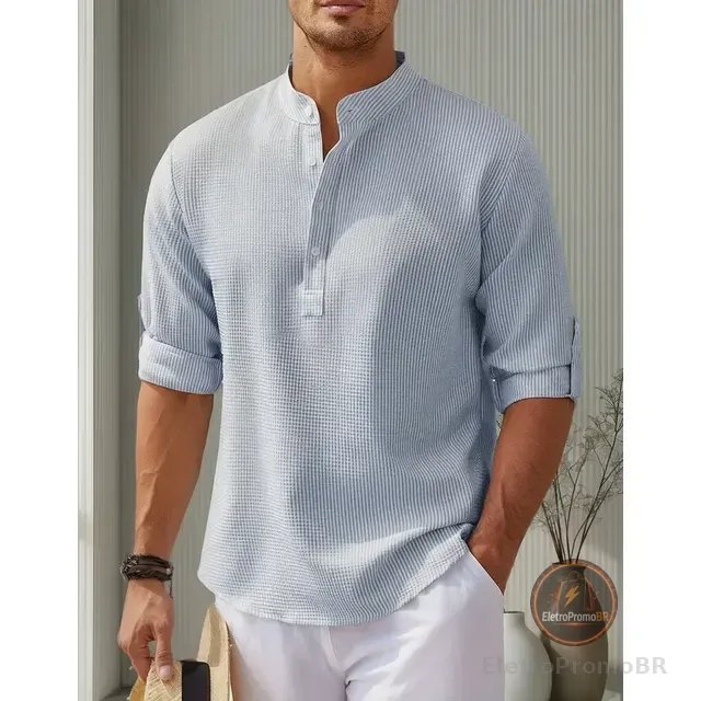 Camisa Casual Masculina Gola Padre De Manga Comprida Solta