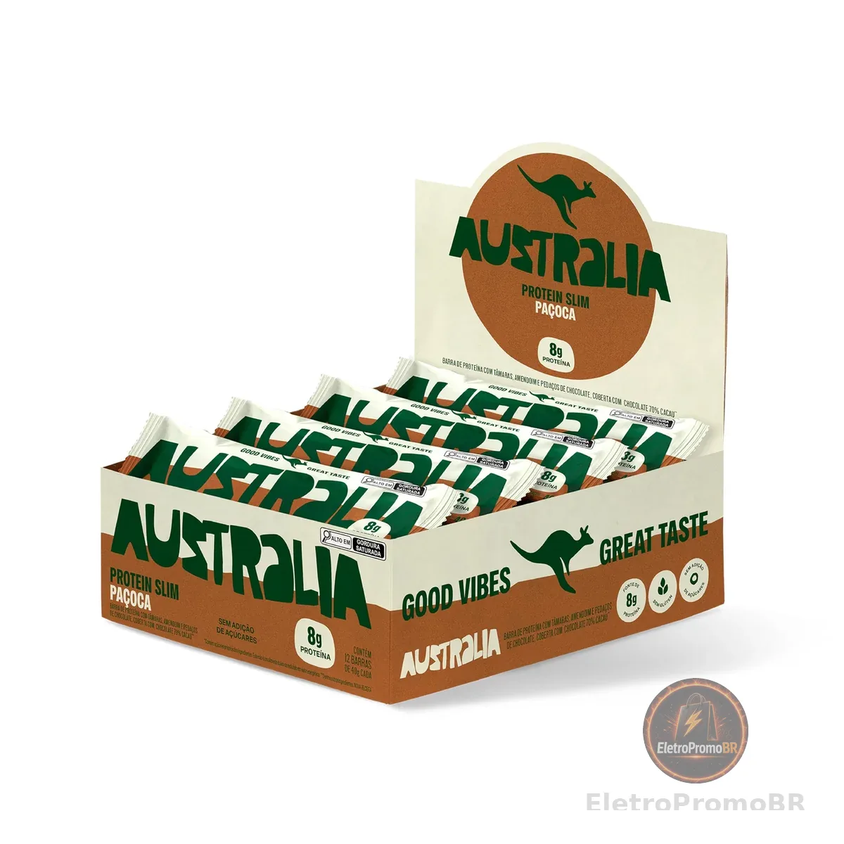 Australia Protein Slim Paçoca, Barra de Proteína com 8g de Proteína, Sem Adição de Açúcares, Sem Glúten, Display com 12 unidades