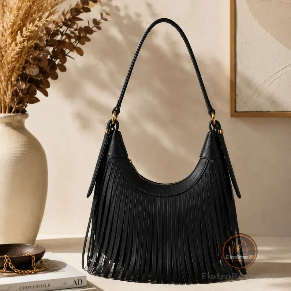 Bolsa De Ombro Feminina Detalhe Franja Moda Country Elegante Preto Franja Dourado Mesma Da Bolsa