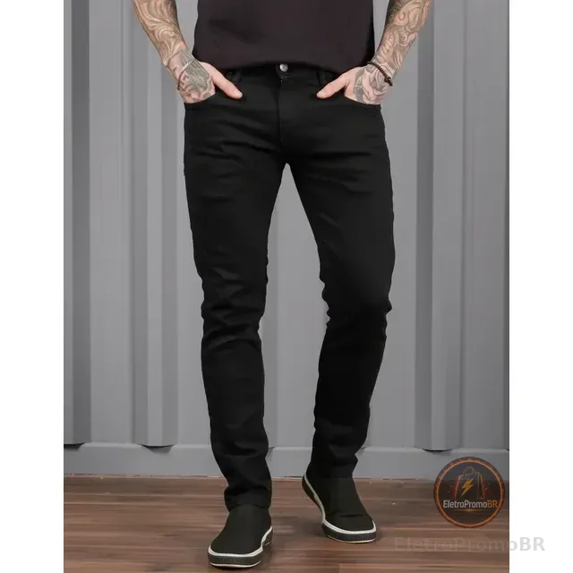 Calça Jeans Preta Super Skinny Masculina Lycra Premium