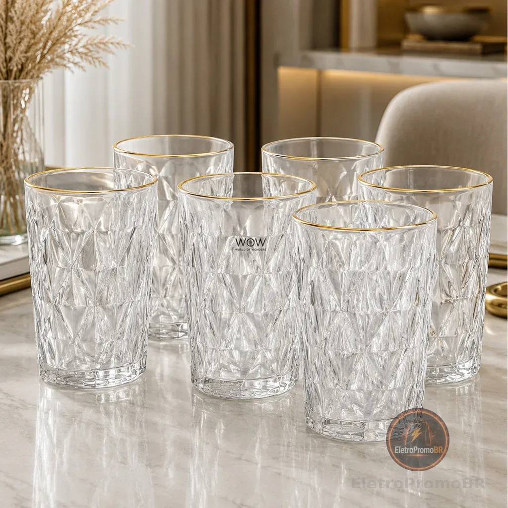 Jogo De Copos De Vidro Diamond Cristal 370ml 6 Peças