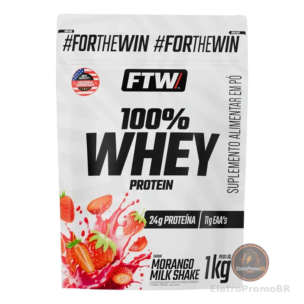 Whey Protein 100% Concentrado Refil 1kg Sabor Morango Milk Shake - Ftw Morango Milkshake