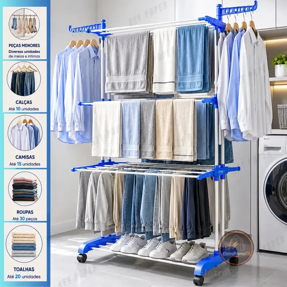 Varal De Chão Grande 3 Andares Retrátil Dobrável Com Rodinhas Roupas Lavanderia Compacto Portátil Cor Azul Marca: Key Paper
