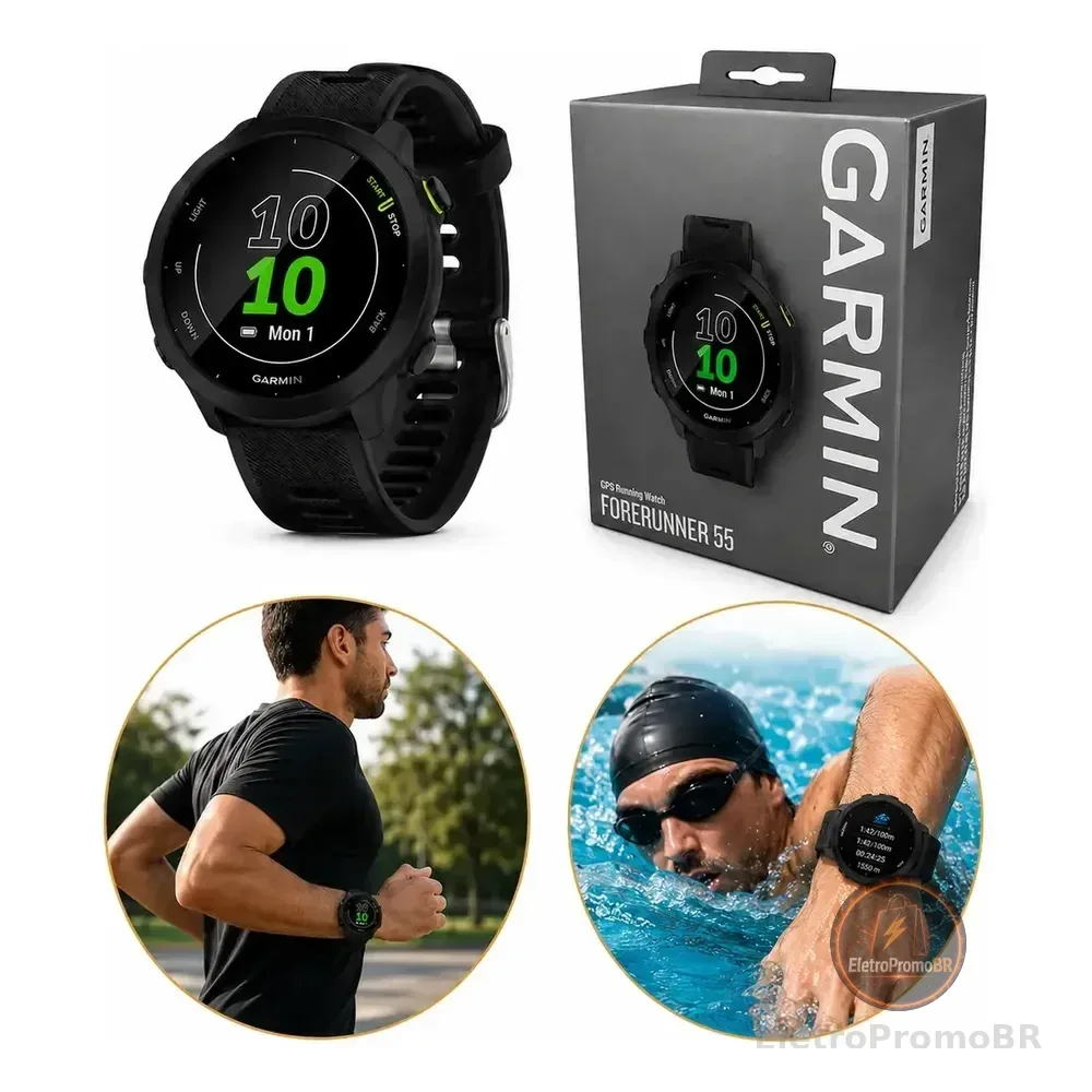 Relógio Garmin Forerunner 55 Monitor Cardíaco Gps 42mm Preto Corrida Caminhada Ciclismo Natação Monitoramento Sono Pace Calorias Distância Cronômetro Resistente Leve Esportivo Unissex Com Gps Rápido