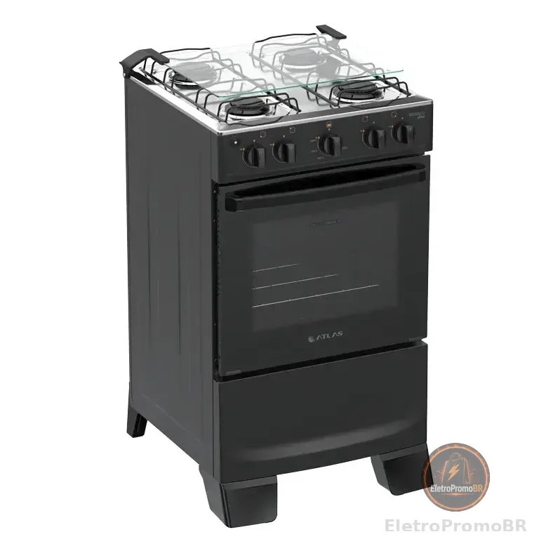 Fogão 4 Bocas Atlas Mônaco Plus Com Mesa De Inox Automático Preto Bivolt 127/220v