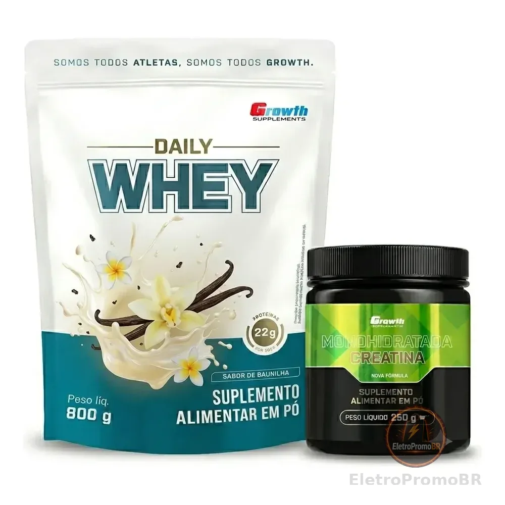 Kit Growth: Whey Protein Baunilha 800g + Creatina Monohidratada Sem Sabor 250g
