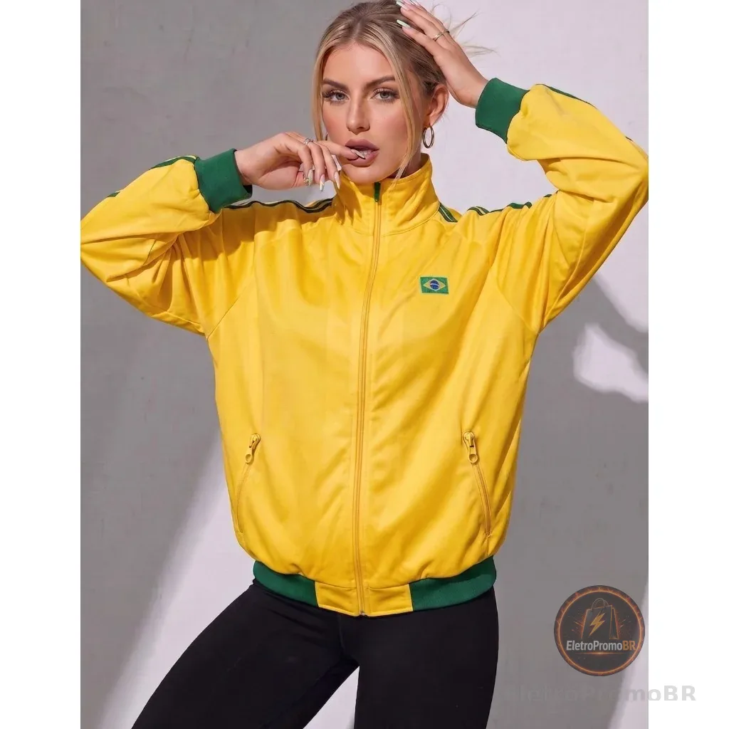 Jaqueta Brasil Feminina Com Zíper Gola Alta Blusa Seleção Brasileira Moda Blogueira
