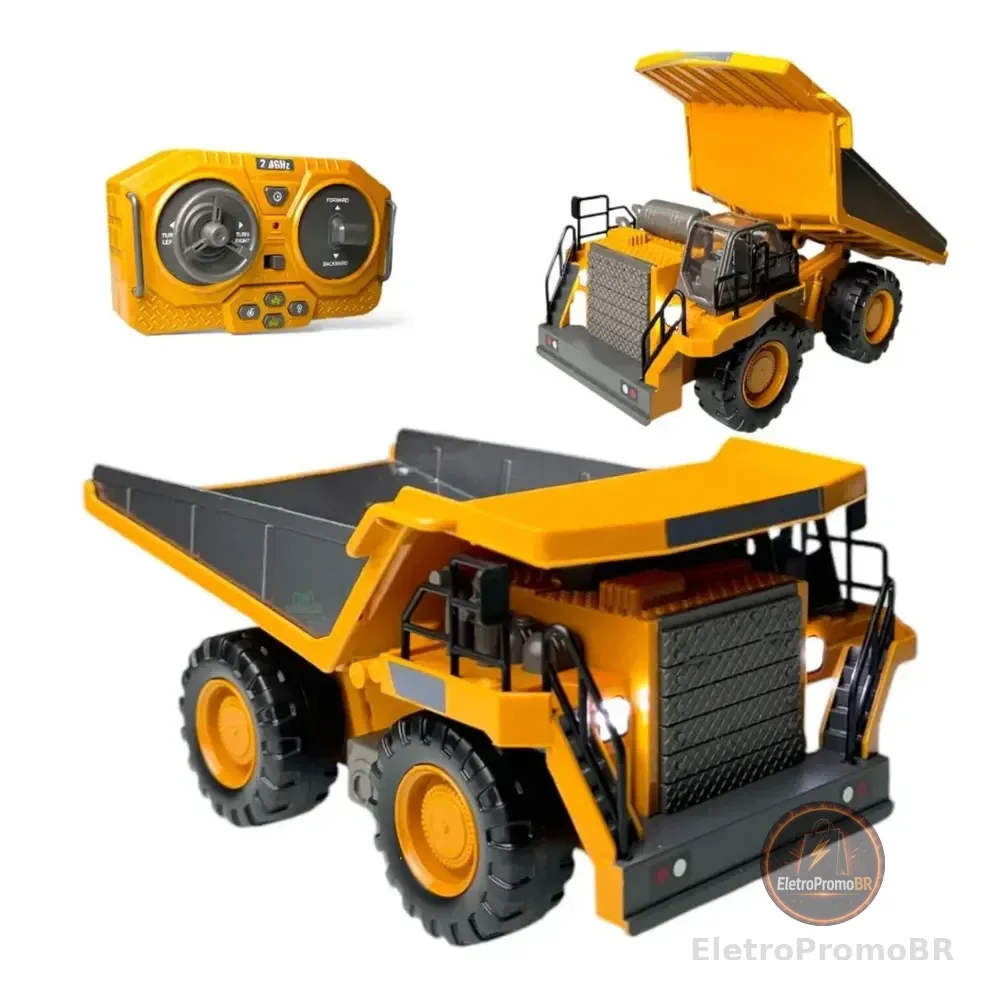 Carrinho Controle Remoto Caminhão Basculante Recarregável Brinquedo Obras Ninho Boy Amarelo Trator