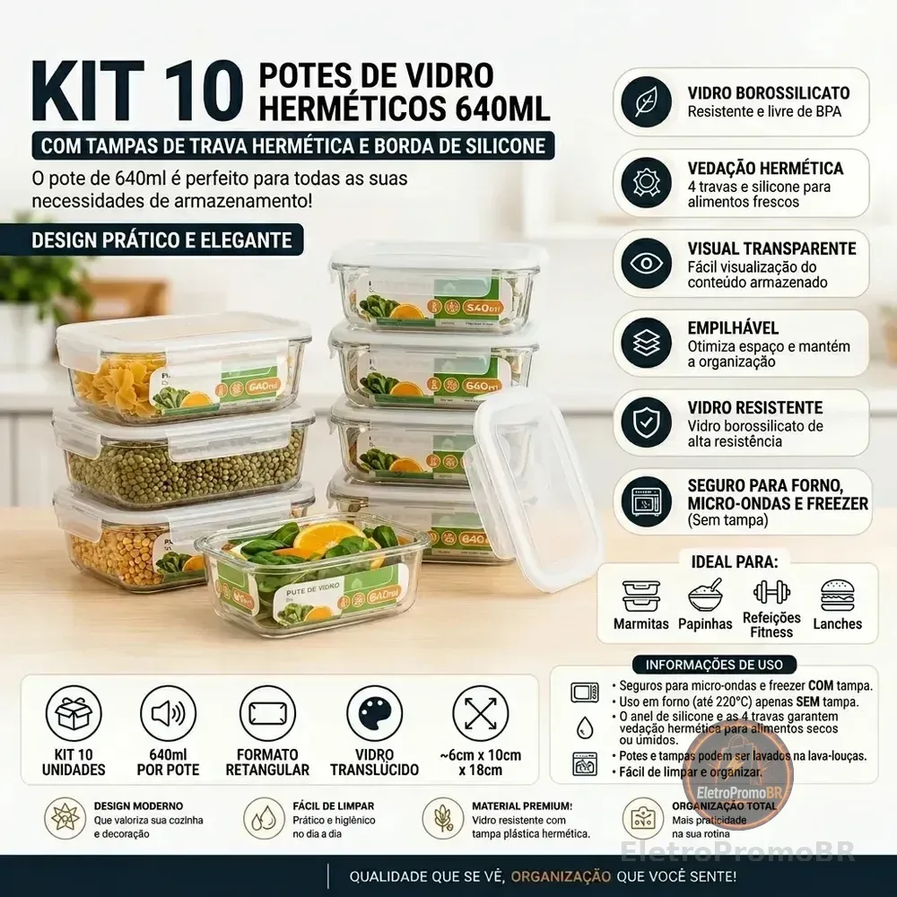 Kit 10 Potes Herméticos De Vidro 640ml Haushop Tampa Vedação Firme Para Geladeira E Despensa Organização Da Cozinha Transparente