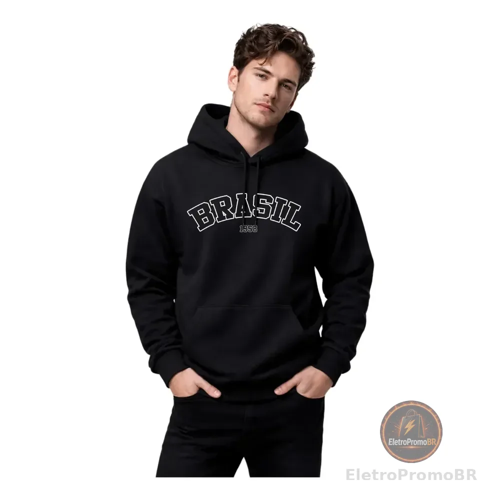Blusa Moletom Masculino Canguru Com Capuz Estampa Brasil G Preto