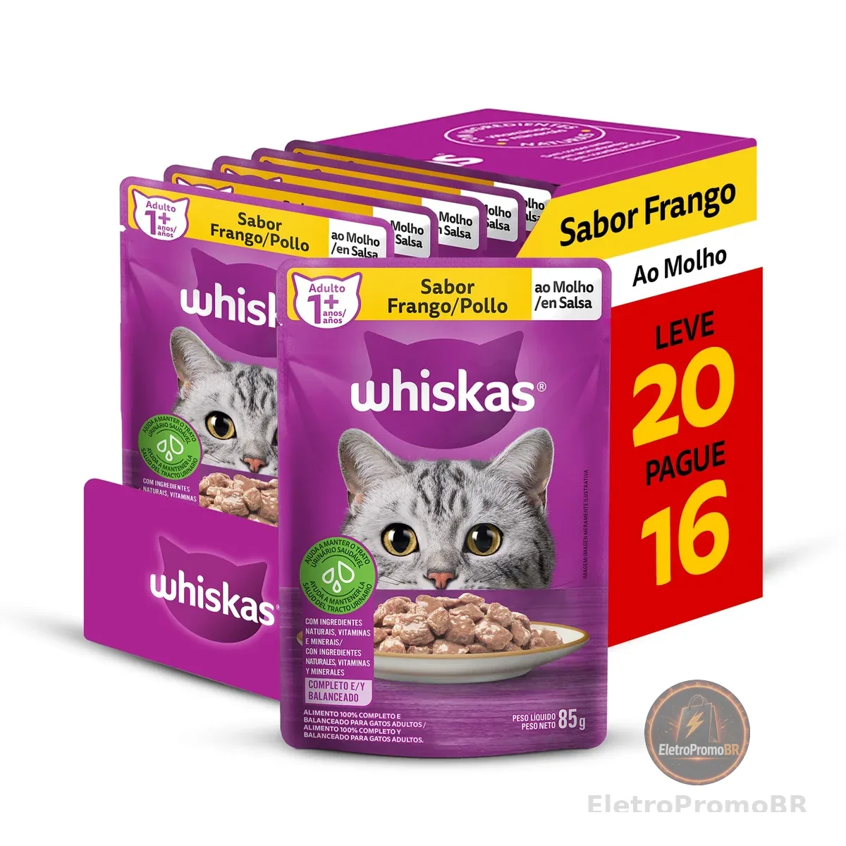 Pack Ração Úmida Whiskas Sachê Frango ao Molho para Gatos Adultos - Leve 20 Pague 16