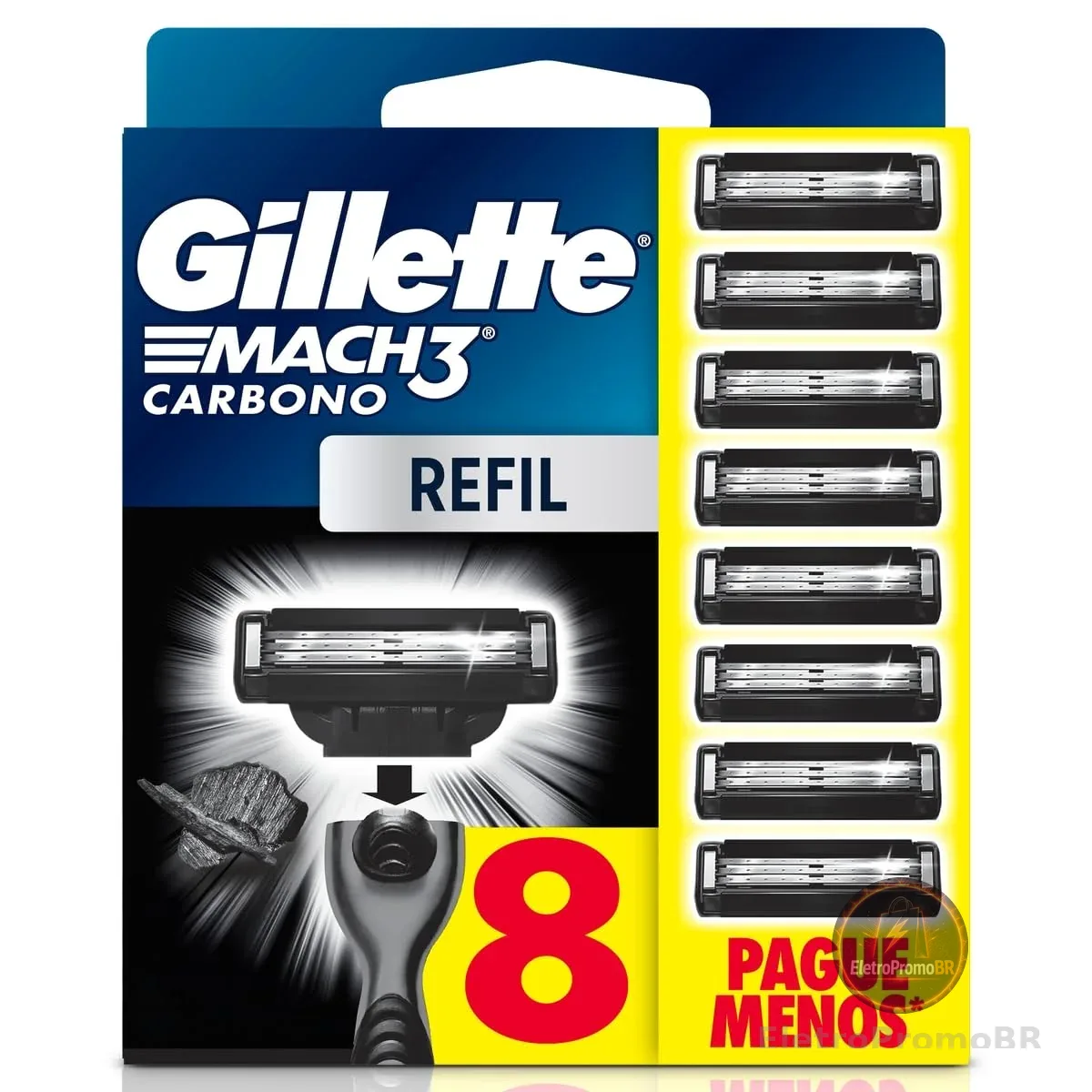Gillette Mach3 Carbono Carga para Aparelho de Barbear com Carvão 8 Unidades