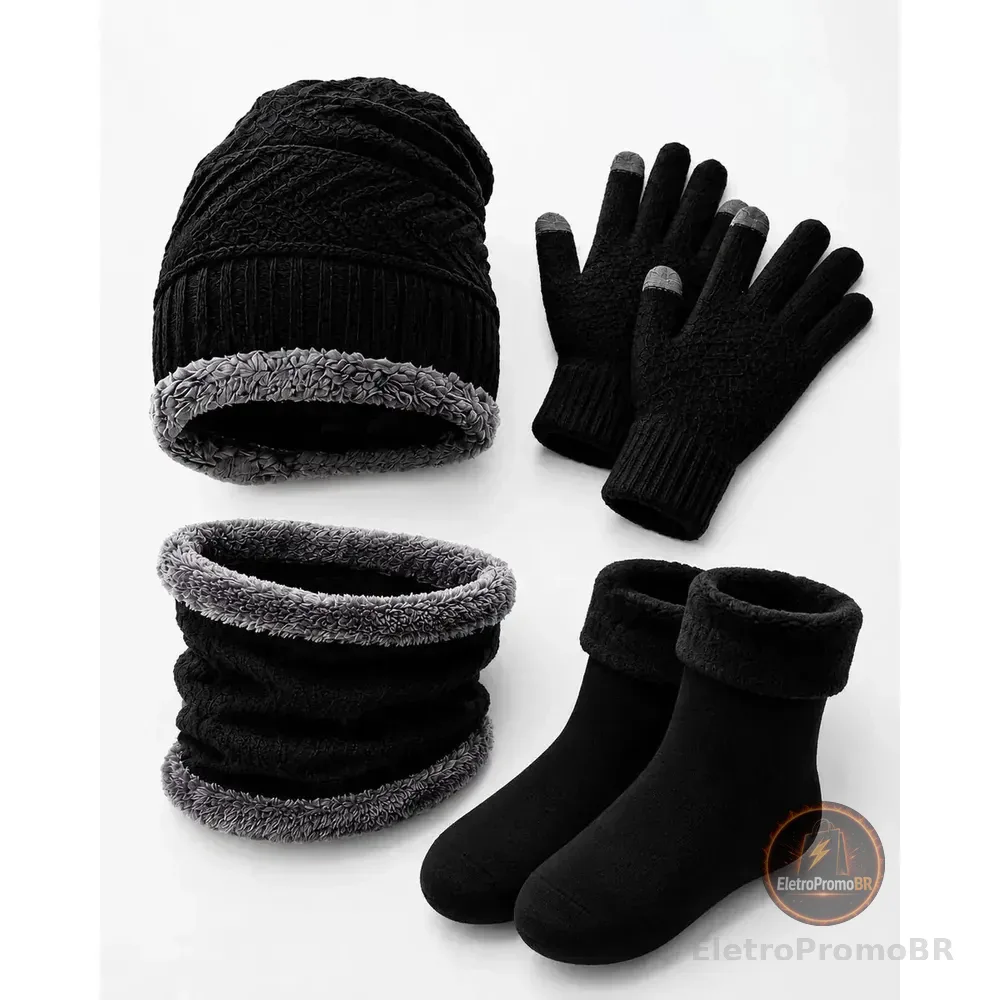 Kit Touca Gorro Com Protetor De Pescoço Gola E Luva Touch E Meia Térmica Quente Peluciada Inverno Frio Intenso Unissex Preto Lemon Shark Un