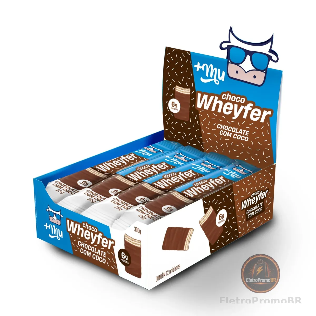 Chocowheyfer, Mais Mu, Wafer Proteico Sabor Chocolate e Coco, 6g de Proteína, Zero Açúcar, Display com 12 Unidades