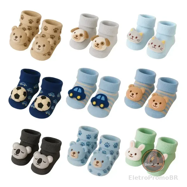 Kit 03 Pares Meia Bebê Bichinho Infantil Inverno Pelúcia 3 D