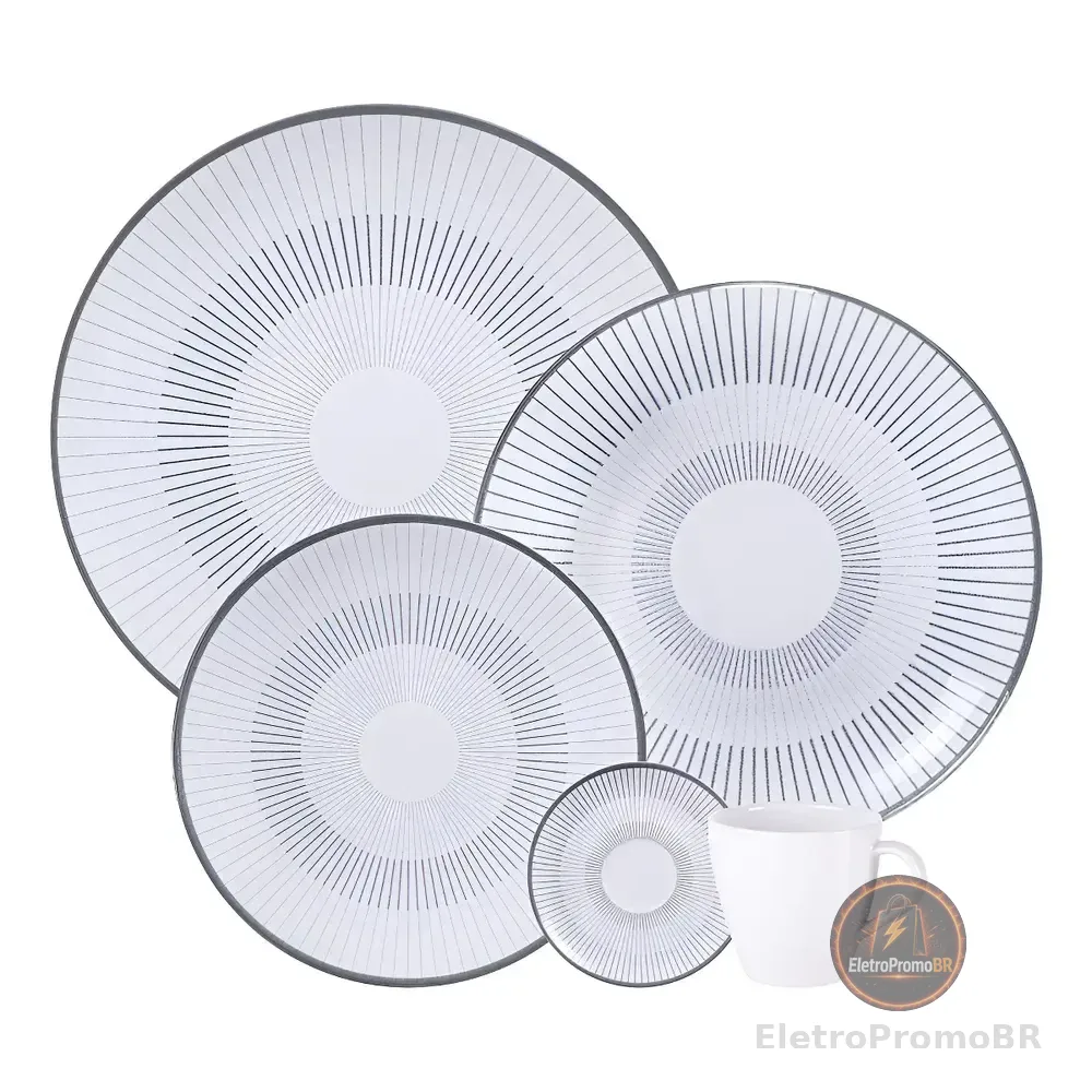 Aparelho De Jantar Tramontina Griz Porcelana Decorada 20 Peças Branco Com Cinza Liso