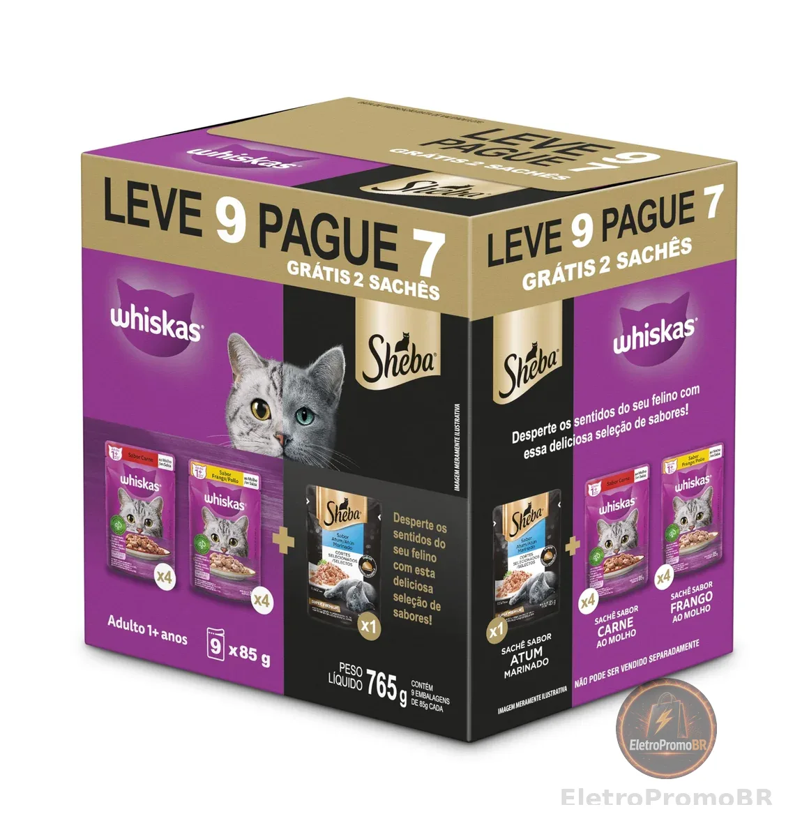 Pack Ração Úmida Whiskas Sachê Carne/Frango e Sheba Atum para Gatos Adultos - Leve 9 Pague 7