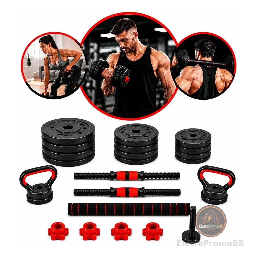 Kit 6 Em 1 Halteres 20kg E Anilhas Ajustáveis Kettlebell Fit Cor Preto Fast Grit