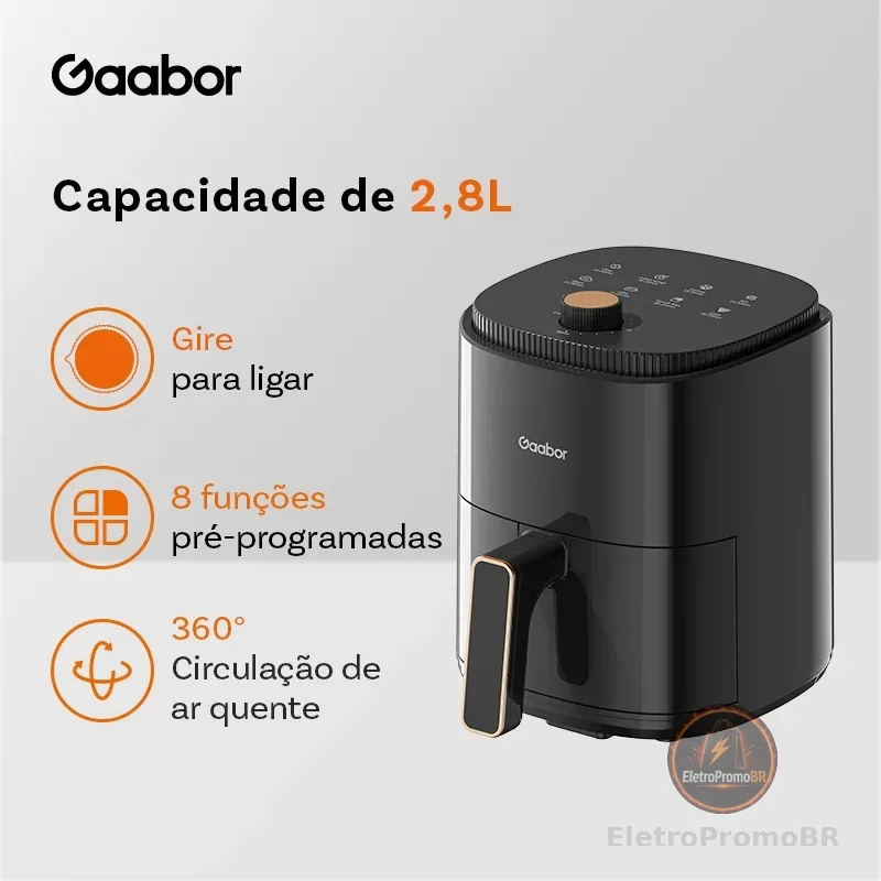 Gaabor Air Fryer 2,8L 800W 360° Ar Quente Timer 60 Min 200°C Antiaderente Sem BPA 8 Menus AF-35M02A