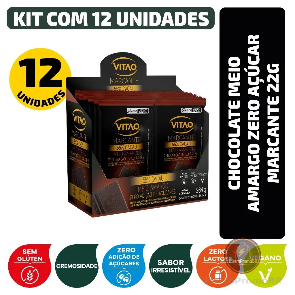 Kit Chocolate Meio Amargo 55% Cacau Zero Açúcar Marcante 22G - 12 Unidades