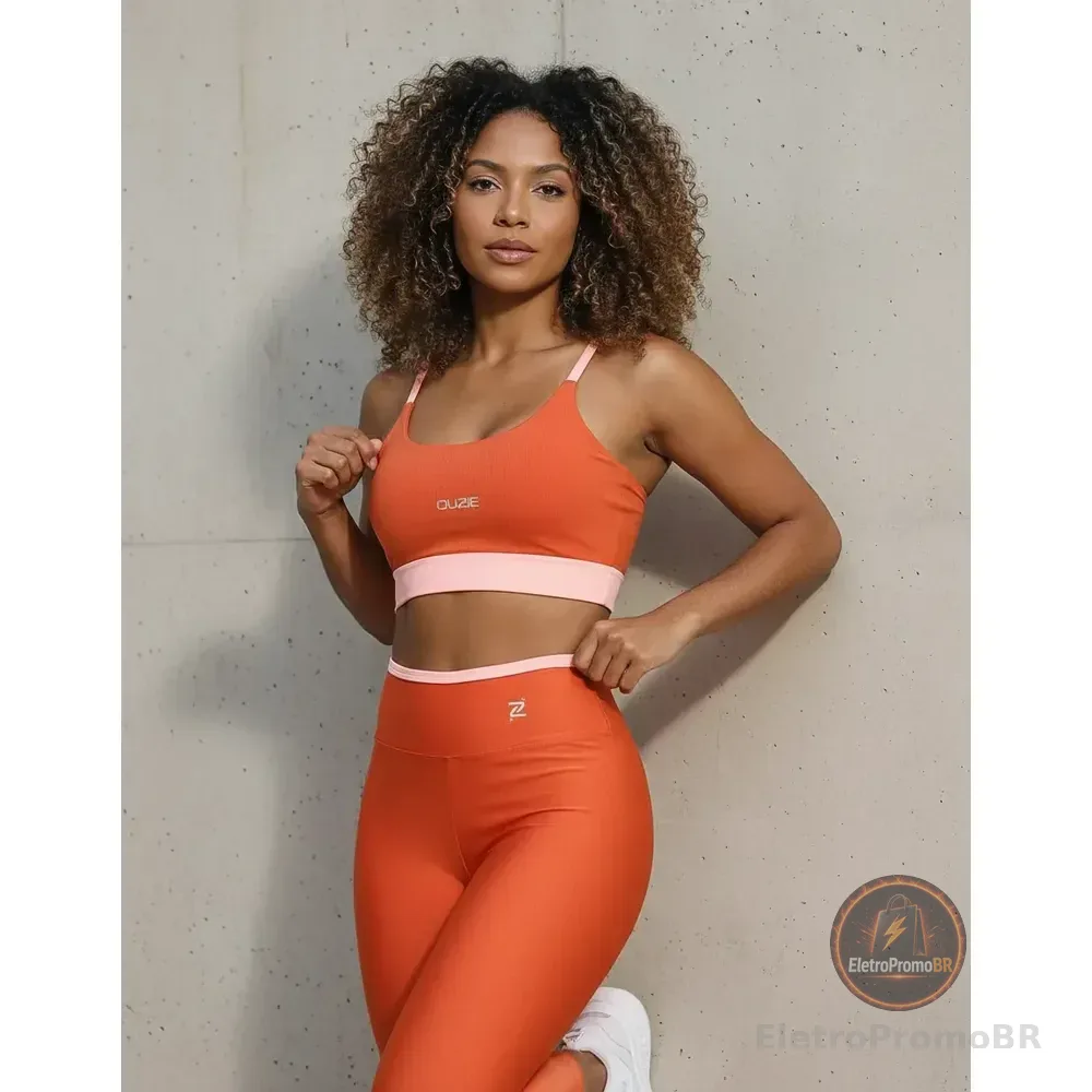 Conjunto Fitness De Academia Calça E Top Zero Transparência Laranja/areia Bicolor M