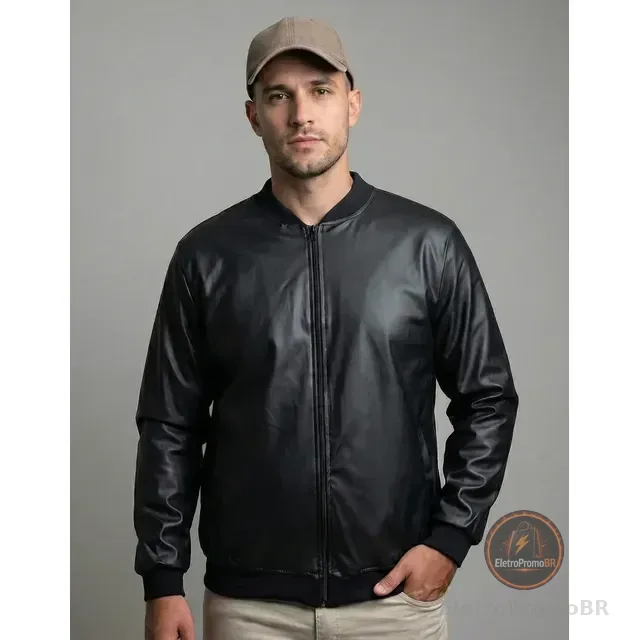 Jaqueta Bomber Courino Masculina Preta Com Zíper