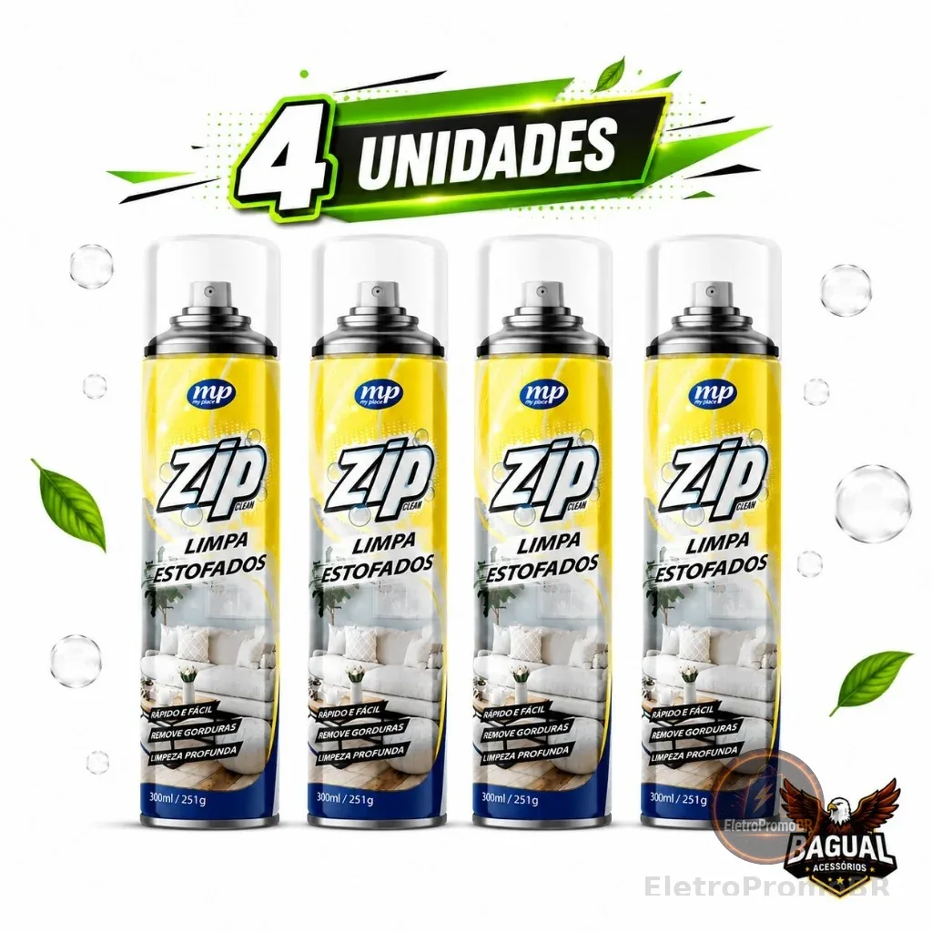 Kit até 4 Spray Limpa Estofados Espuma Mágica Limpa a Seco Zip Clean Spray Perfumado 300ml