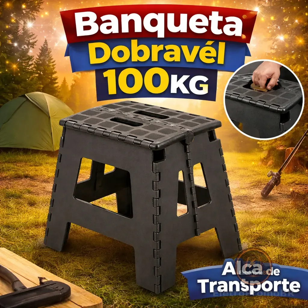 Banquinho Portátil Dobrável Banqueta Até 100kg Alça de Transporte PP Reforçado Portátil Casa Camping Pesca Banco