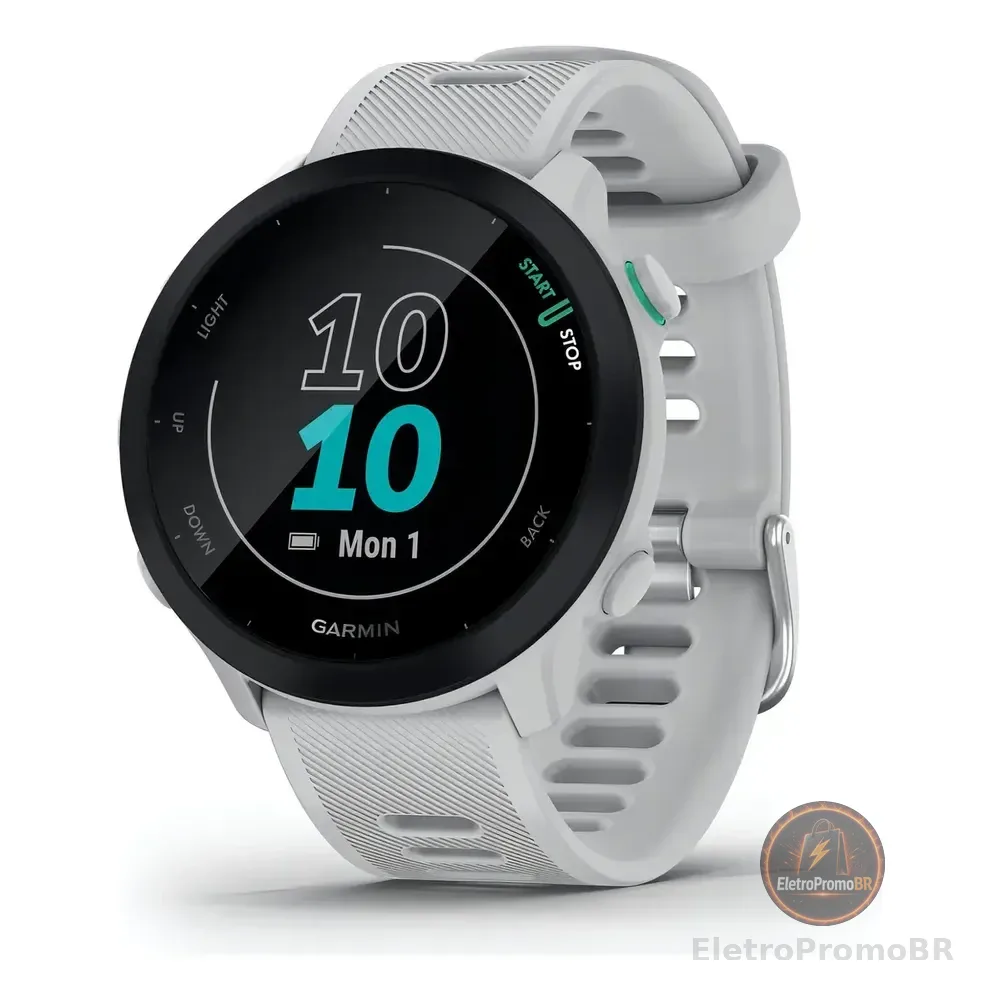 Smartwatch Garmin Forerunner 55, Tela Lcd Mip 1.04 , Caixa Polímero 42mm, Pulseira Silicone Branca White Preto