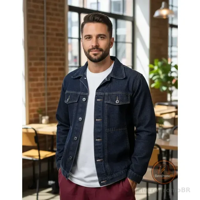 Jaqueta Jeans Cargo Masculina 4 Bolsos Manga Longa