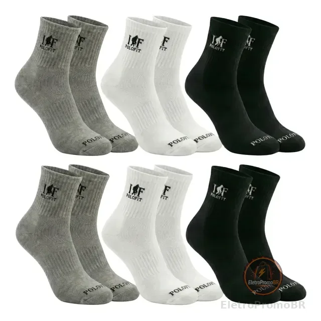 Kit 6 Pares Meia Cano Médio Alto Unissex Algodão Polo Fit