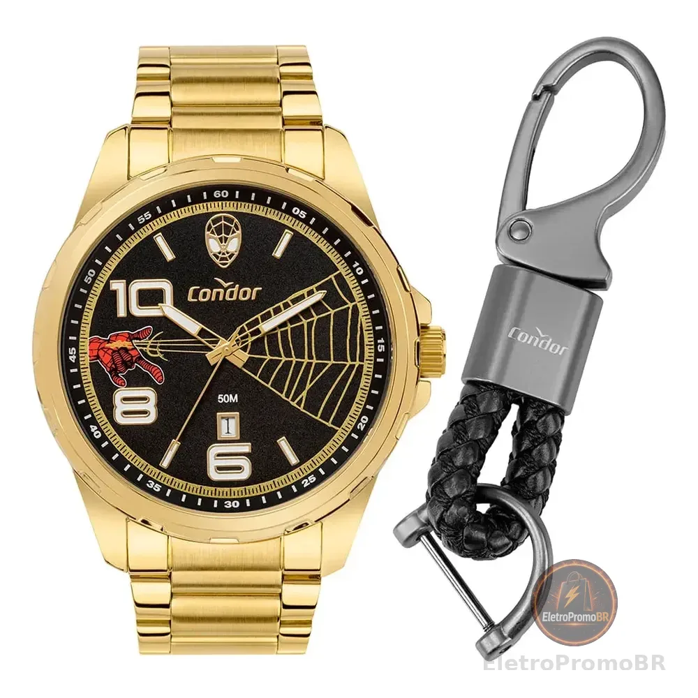 Kit Relógio Condor Masculino Marvel Spider Man-co2115mzk/ki4p Dourado Preto
