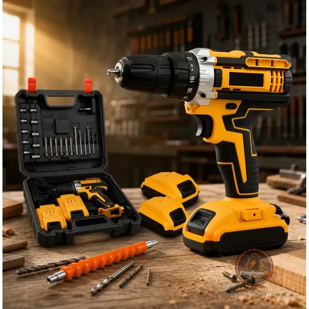 Parafusadeira Furadeira Profissional 2 Baterias Sem Fio Amarelo 48v