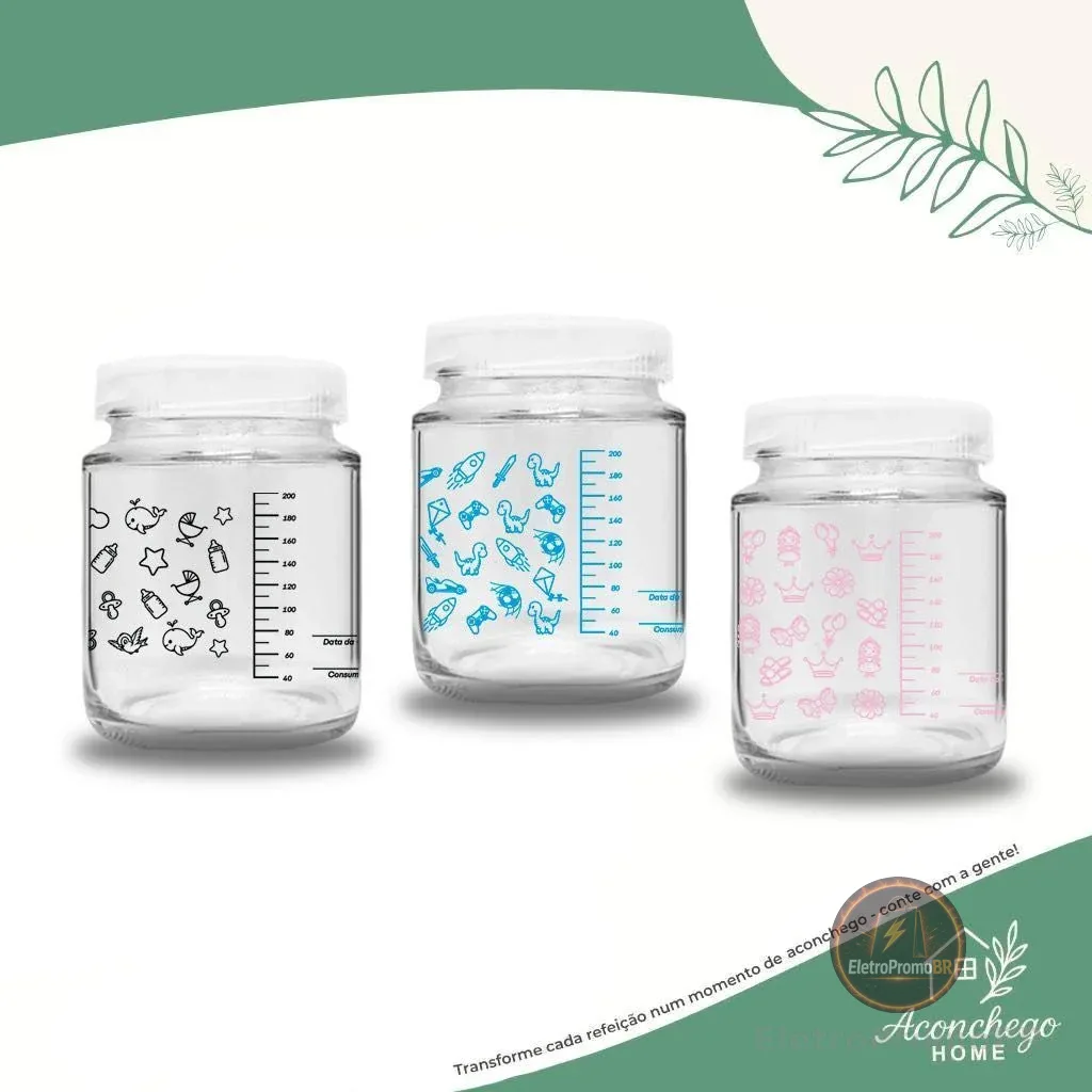 Kit 5 Potes de Vidro p/ Leite Materno 200ml – Livre de BPA c/ Graduação