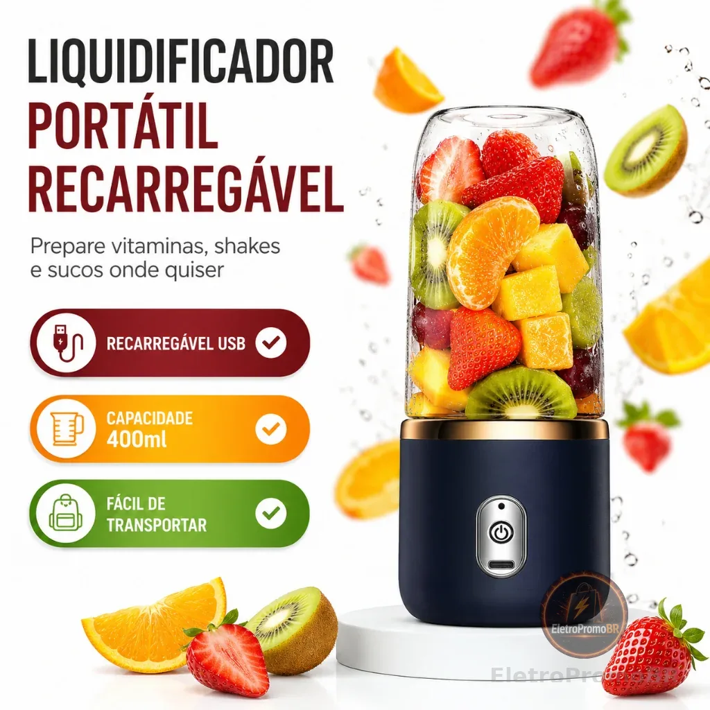 Mini Liquidificador Portátil 400ml Recarregável USB para Vitaminas e Smoothies