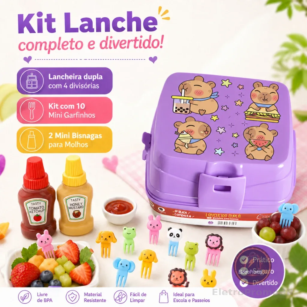 Lancheira Escolar Safari Com 10 Garfinhos e 2 Mini Bisnagas