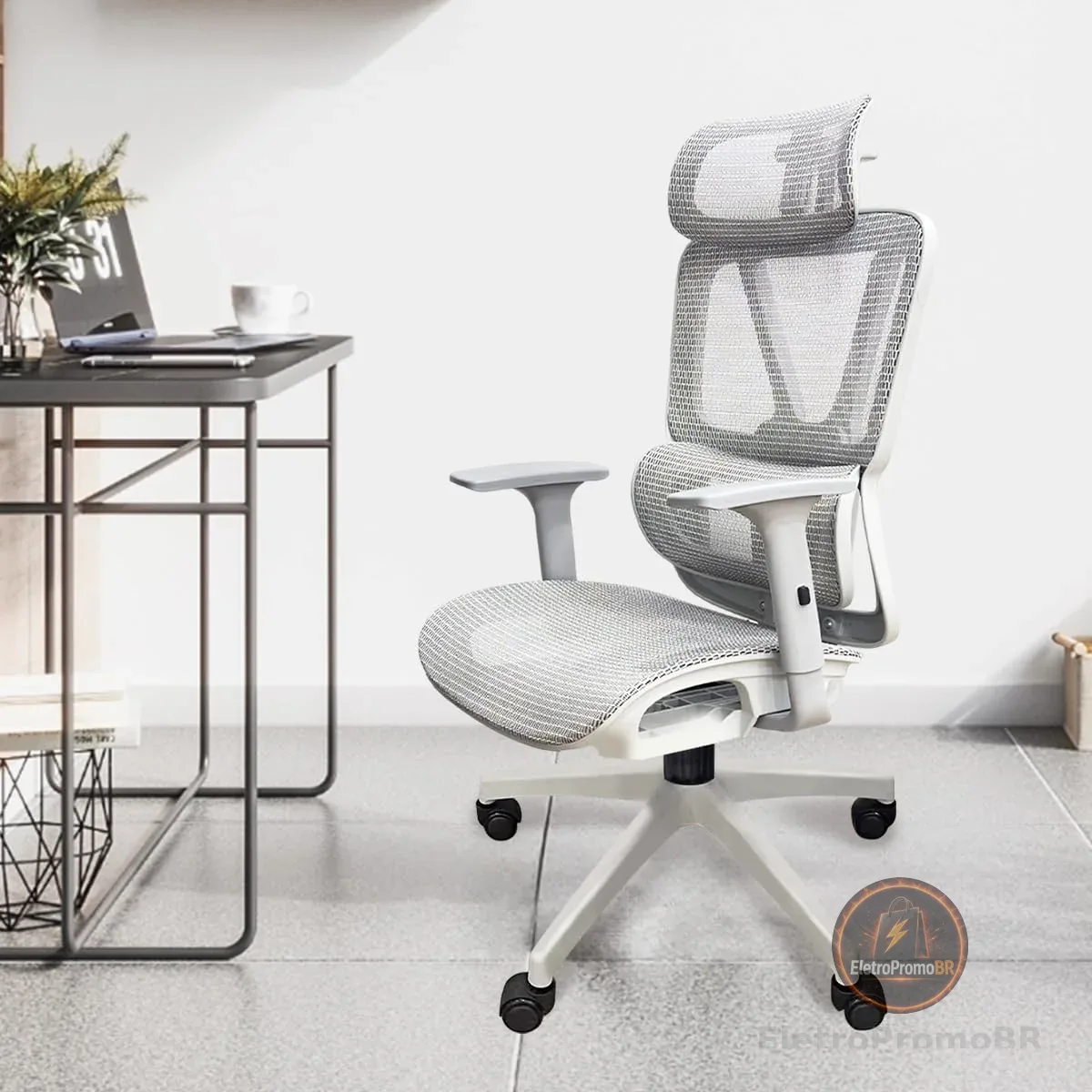 Cadeira de Escritório Ergonômica Python Fly em Malha - Lombar Integrada Fixa, Assento Arejado, Braços 3D, 150kg -cinza (cinza)