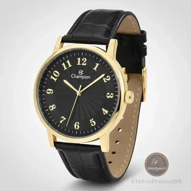 Relógio Masculino Champion Executivo Couro Luxo Original Cor Da Correia Preto Cor Do Bisel Dourado Cor Do Fundo Preto
